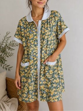 Ashley Taylor house dress yellow tulip floral print on blue gingham fabric